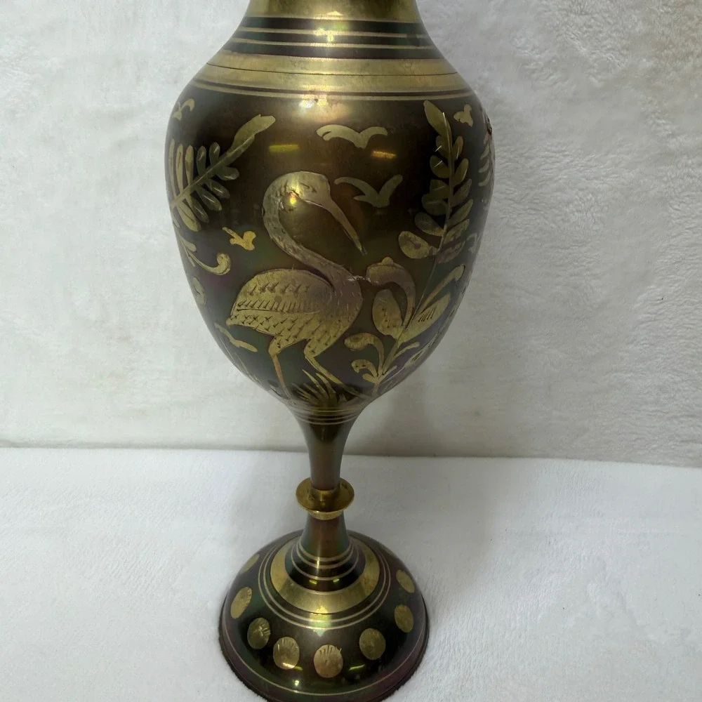 VTG Iridescent Brass Vase Etched Heron Floral Scalloped Rim Pedestal‎ 12 inch